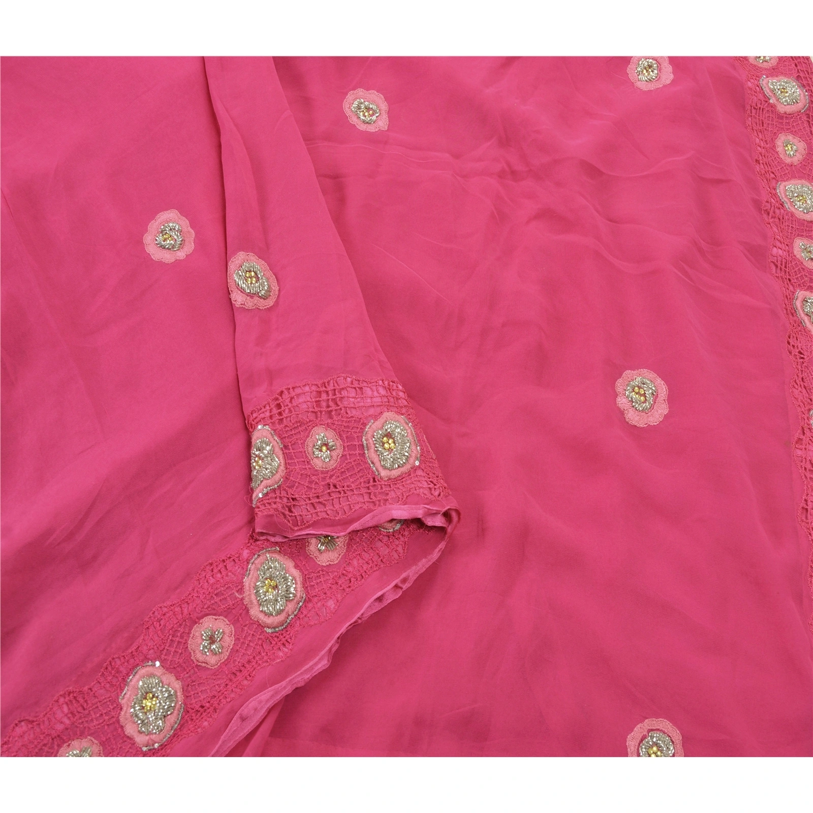 Sanskriti Vintage Sarees Pure Georgette Silk Handmade Pink Fabric Bollywood Sari, PS-55219-Pink-Dabka Work-100% Pure Georgette Silk-2