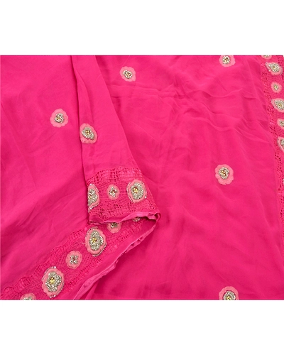 Sanskriti Vintage Sarees Pure Georgette Silk Handmade Pink Fabric Bollywood Sari, PS-55219-Pink-Dabka Work-100% Pure Georgette Silk-2