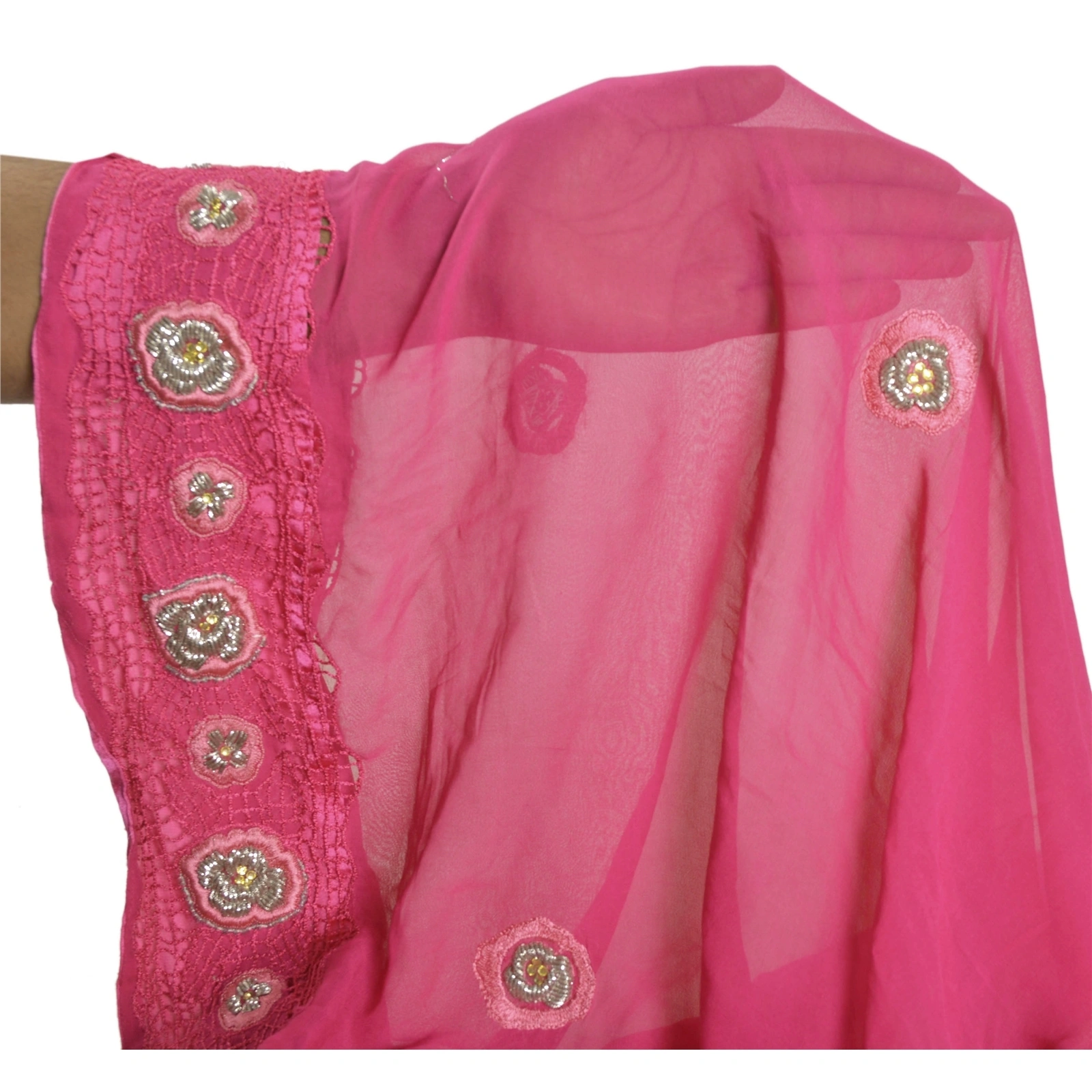 Sanskriti Vintage Sarees Pure Georgette Silk Handmade Pink Fabric Bollywood Sari, PS-55219-Pink-Dabka Work-100% Pure Georgette Silk-6