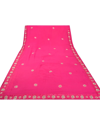 Sanskriti Vintage Sarees Pure Georgette Silk Handmade Pink Fabric Bollywood Sari, PS-55219-Pink-Dabka Work-100% Pure Georgette Silk-8