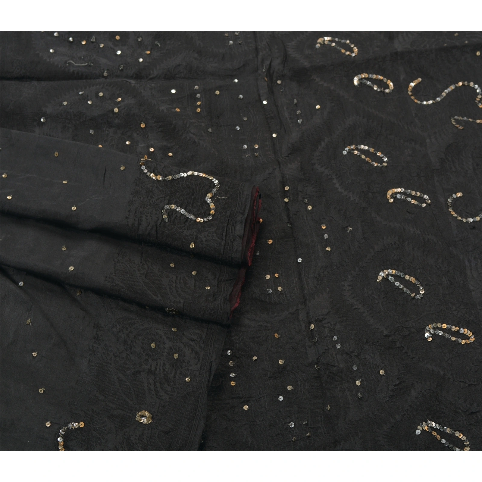 Sanskriti Vintage Black Indian Sarees Pure Silk Hand Beaded Woven Fabric Sari, PS-55246-Black-Sequins Work-100% Pure Silk-9