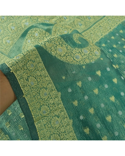 Sanskriti Vintage Green Sarees 100% Pure Silk Woven Indian Sari Premium Fabric, PS-55438-Green-Woven Work-Art (Artificial) Silk-5