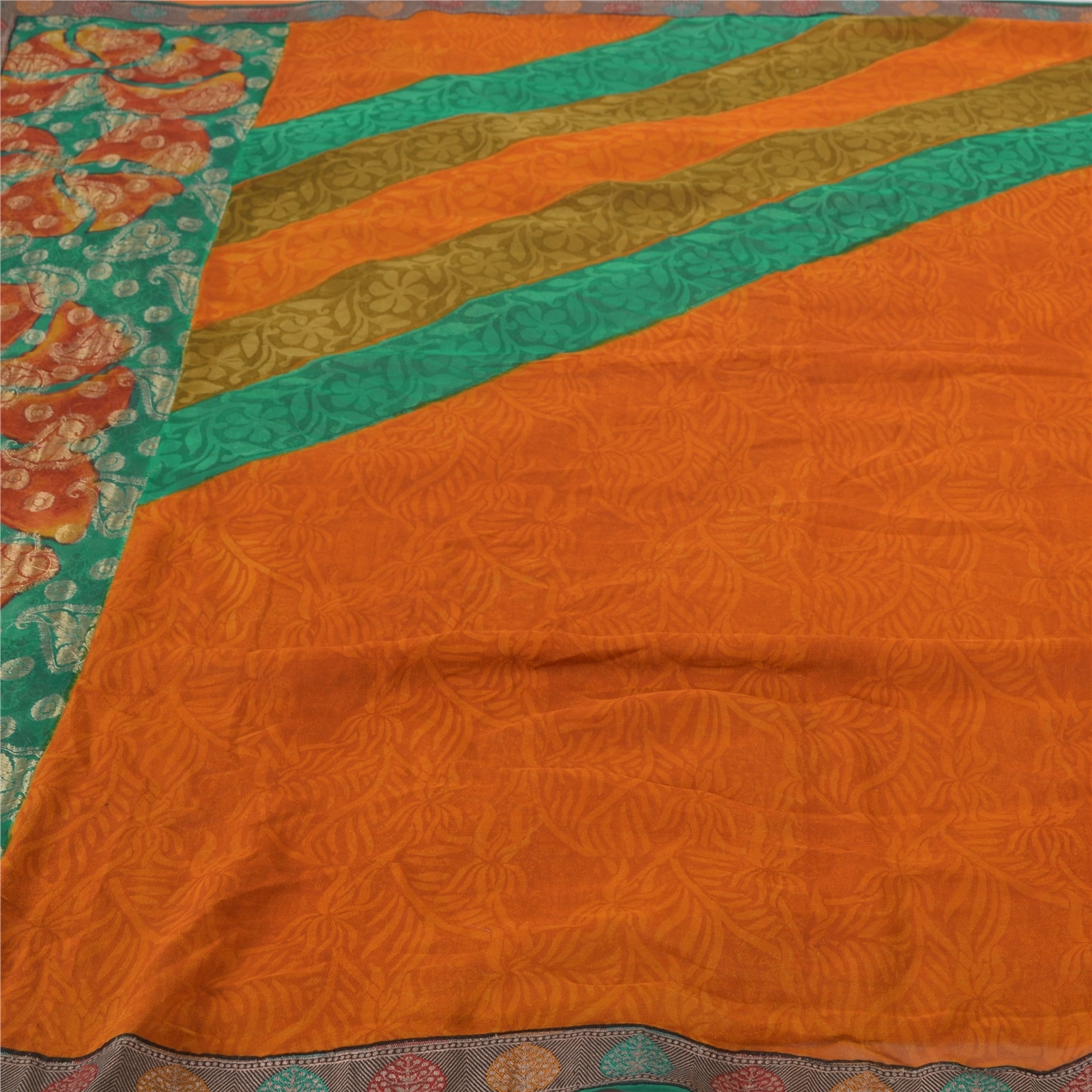 Sanskriti Vintage Orange Bollywood Sarees Pure Georgette Silk Woven Sari Fabric, PS-55439-Green &amp; Orange-Woven Work-100% Pure Georgette Silk-3