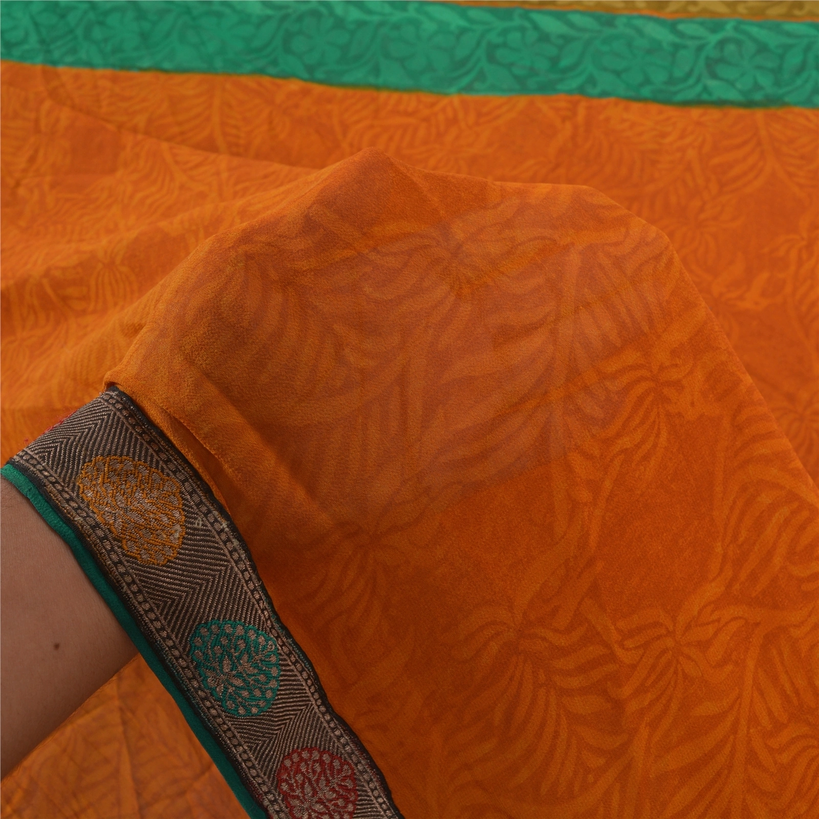 Sanskriti Vintage Orange Bollywood Sarees Pure Georgette Silk Woven Sari Fabric, PS-55439-Green &amp; Orange-Woven Work-100% Pure Georgette Silk-5