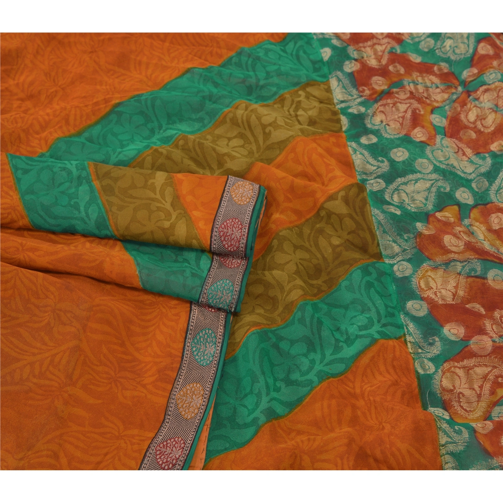 Sanskriti Vintage Orange Bollywood Sarees Pure Georgette Silk Woven Sari Fabric, PS-55439-Green &amp; Orange-Woven Work-100% Pure Georgette Silk-7