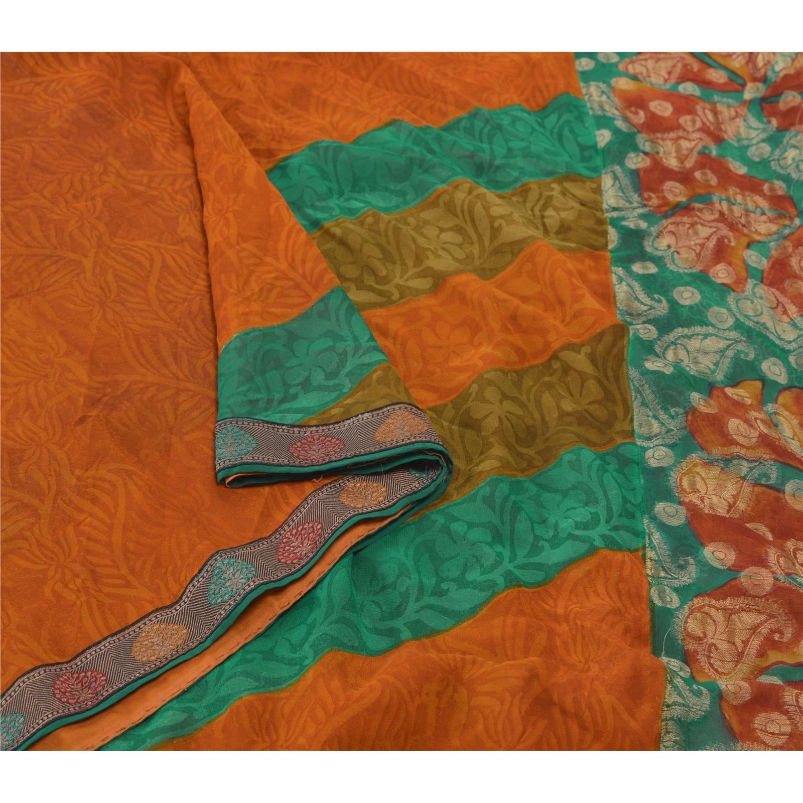 Sanskriti Vintage Orange Bollywood Sarees Pure Georgette Silk Woven Sari Fabric, PS-55439-Green &amp; Orange-Woven Work-100% Pure Georgette Silk-9