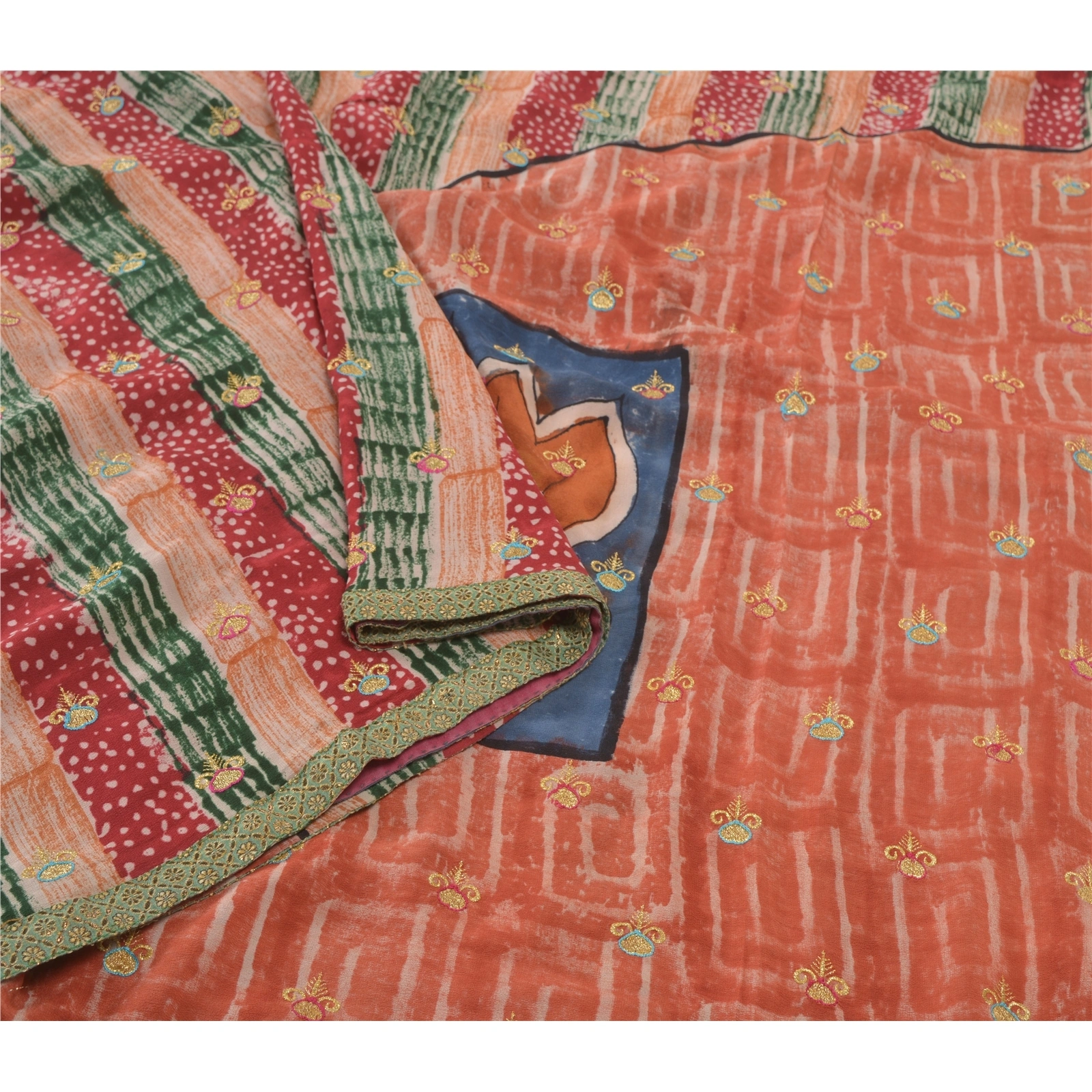 Sanskriti Vintage Sari Pure Crepe Silk Embroidered Craft Sarees Premium Fabric, PS-55440-Multi Color-Thread Work-100% Pure Crepe Silk-9