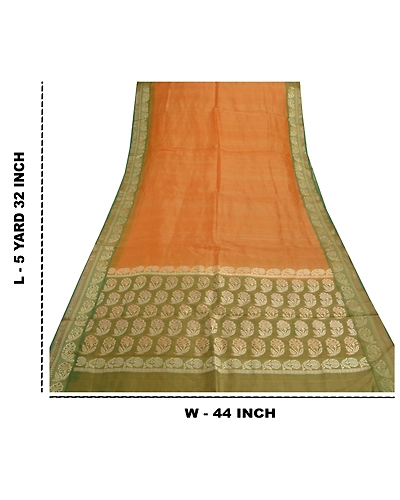 Sanskriti Vintage Saffron Sarees Pure Silk Woven Indian Sari Premium Fabric, PS-55487-Saffron &amp; Green-Woven Work-100% Pure Silk-1