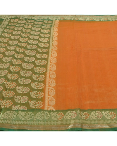Sanskriti Vintage Saffron Sarees Pure Silk Woven Indian Sari Premium Fabric, PS-55487-Saffron &amp; Green-Woven Work-100% Pure Silk-3
