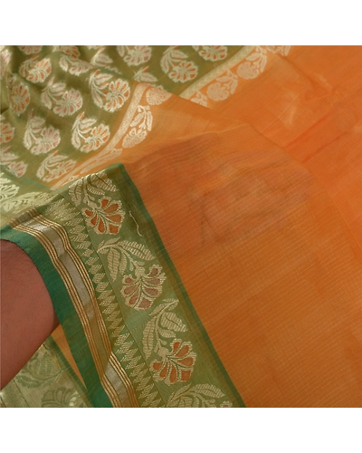Sanskriti Vintage Saffron Sarees Pure Silk Woven Indian Sari Premium Fabric, PS-55487-Saffron &amp; Green-Woven Work-100% Pure Silk-5