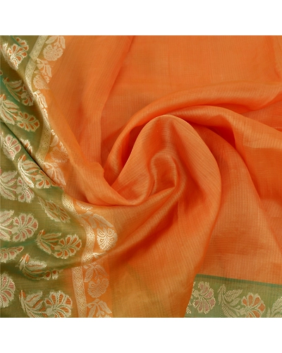 Sanskriti Vintage Saffron Sarees Pure Silk Woven Indian Sari Premium Fabric, PS-55487-Saffron &amp; Green-Woven Work-100% Pure Silk-6