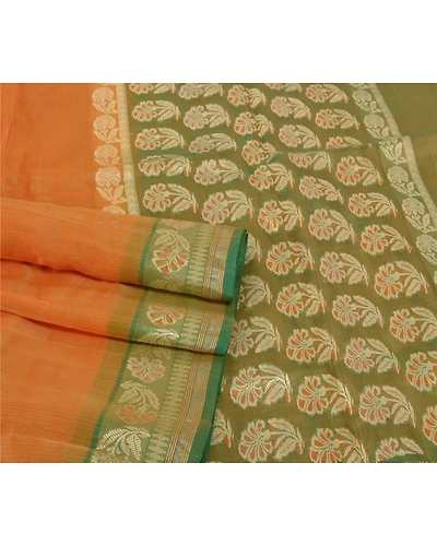 Sanskriti Vintage Saffron Sarees Pure Silk Woven Indian Sari Premium Fabric, PS-55487-Saffron &amp; Green-Woven Work-100% Pure Silk-7