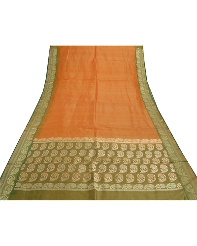 Sanskriti Vintage Saffron Sarees Pure Silk Woven Indian Sari Premium Fabric, PS-55487-Saffron &amp; Green-Woven Work-100% Pure Silk-8