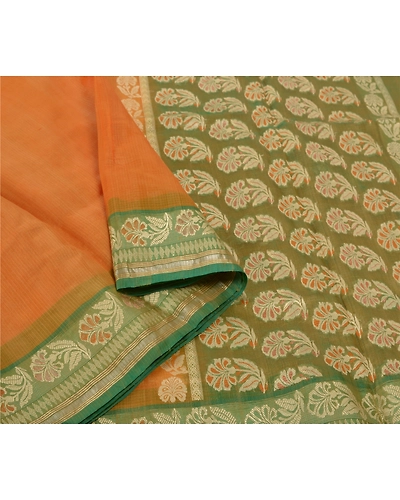 Sanskriti Vintage Saffron Sarees Pure Silk Woven Indian Sari Premium Fabric, PS-55487-Saffron &amp; Green-Woven Work-100% Pure Silk-9