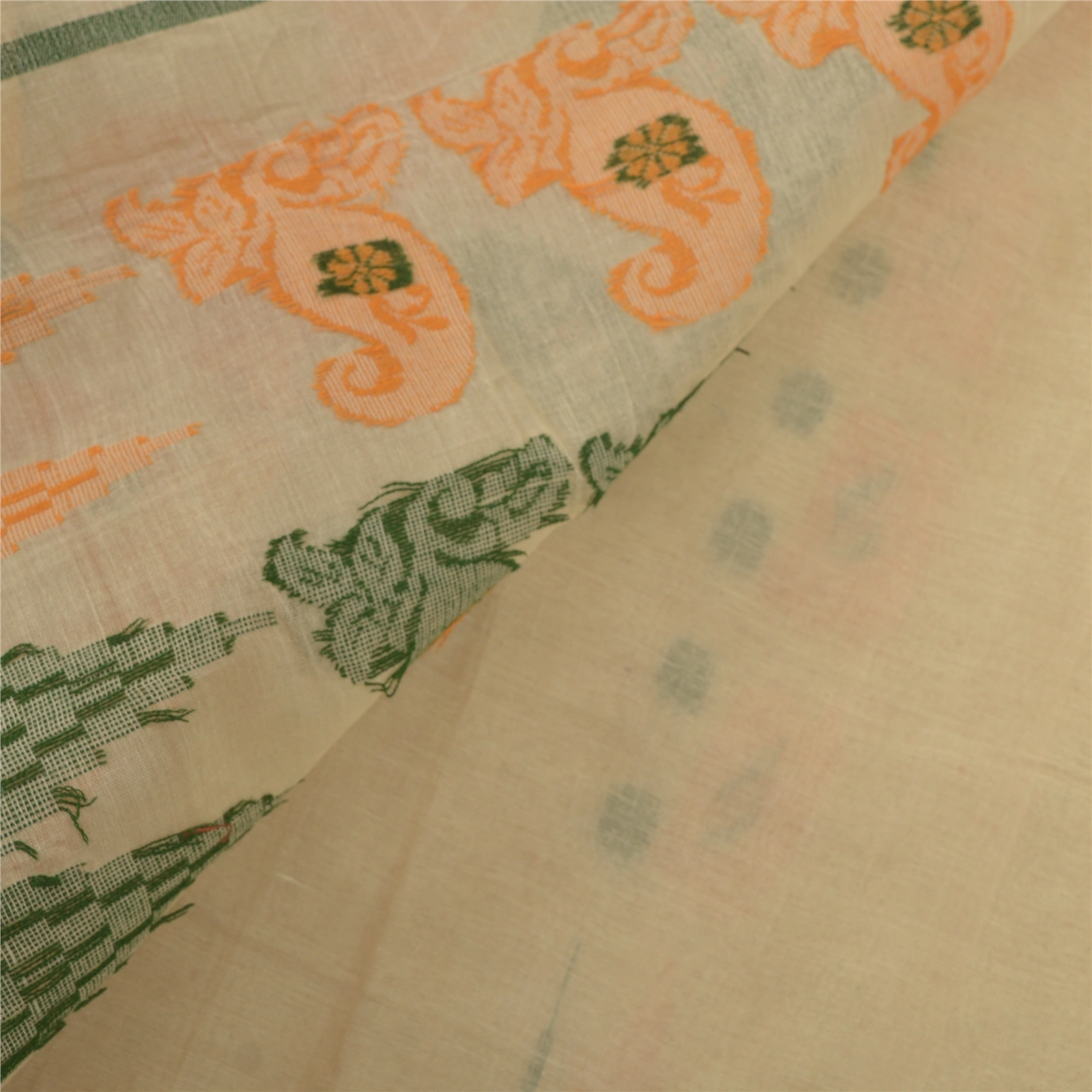 Sanskriti Vintage Cream Indian Sari Pure Cotton Woven Sarees Craft 5 Yard Fabric, PS-55517-Cream-Woven Work-100% Pure Cotton-2