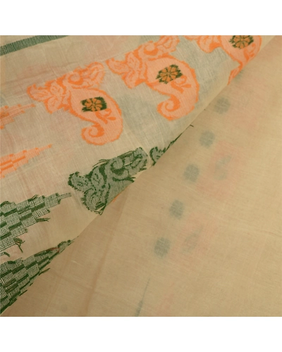 Sanskriti Vintage Cream Indian Sari Pure Cotton Woven Sarees Craft 5 Yard Fabric, PS-55517-Cream-Woven Work-100% Pure Cotton-2