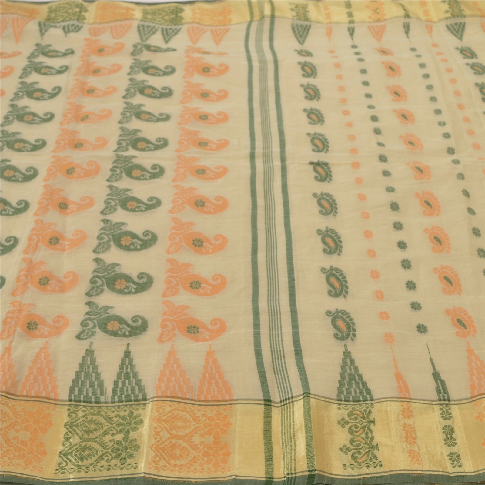 Sanskriti Vintage Cream Indian Sari Pure Cotton Woven Sarees Craft 5 Yard Fabric, PS-55517-Cream-Woven Work-100% Pure Cotton-3