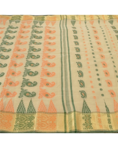 Sanskriti Vintage Cream Indian Sari Pure Cotton Woven Sarees Craft 5 Yard Fabric, PS-55517-Cream-Woven Work-100% Pure Cotton-3