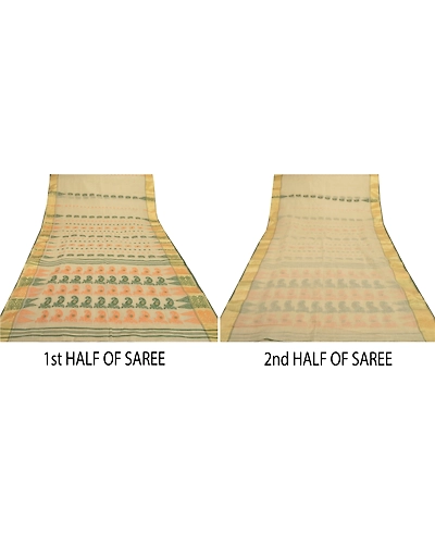 Sanskriti Vintage Cream Indian Sari Pure Cotton Woven Sarees Craft 5 Yard Fabric, PS-55517-Cream-Woven Work-100% Pure Cotton-4