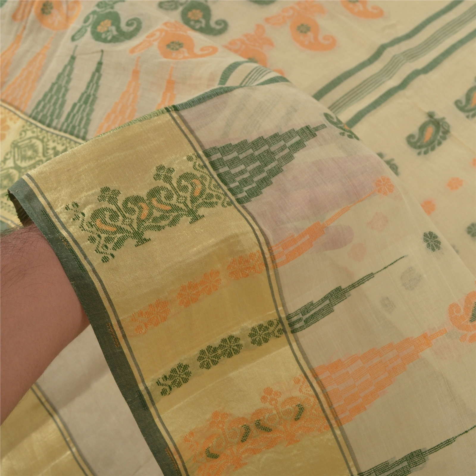 Sanskriti Vintage Cream Indian Sari Pure Cotton Woven Sarees Craft 5 Yard Fabric, PS-55517-Cream-Woven Work-100% Pure Cotton-5