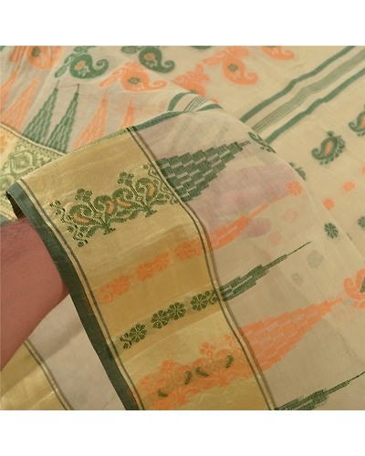 Sanskriti Vintage Cream Indian Sari Pure Cotton Woven Sarees Craft 5 Yard Fabric, PS-55517-Cream-Woven Work-100% Pure Cotton-5