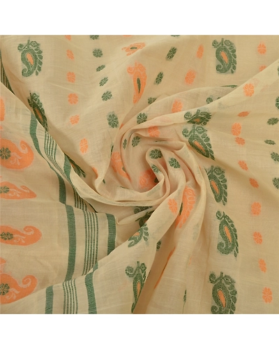 Sanskriti Vintage Cream Indian Sari Pure Cotton Woven Sarees Craft 5 Yard Fabric, PS-55517-Cream-Woven Work-100% Pure Cotton-6