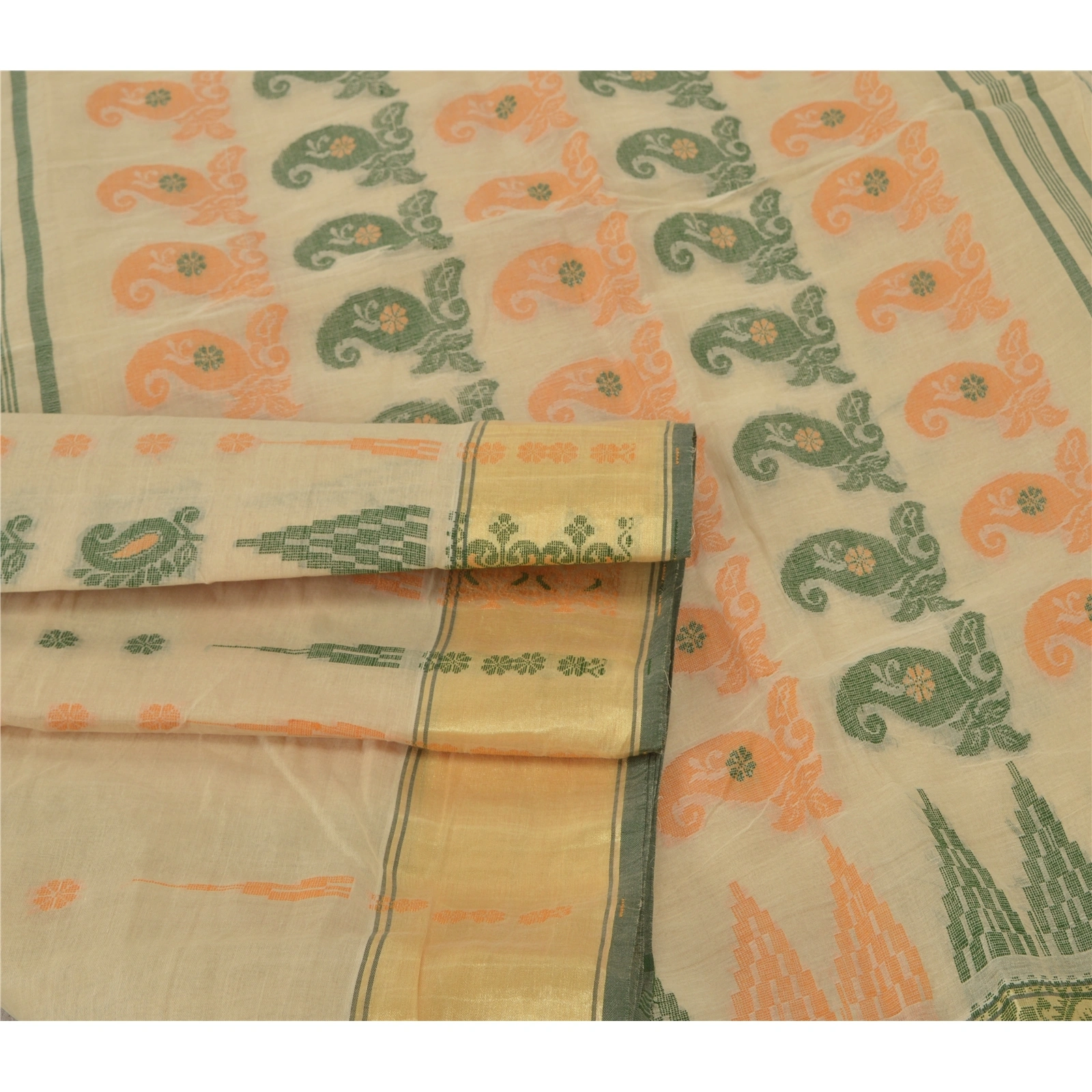 Sanskriti Vintage Cream Indian Sari Pure Cotton Woven Sarees Craft 5 Yard Fabric, PS-55517-Cream-Woven Work-100% Pure Cotton-7