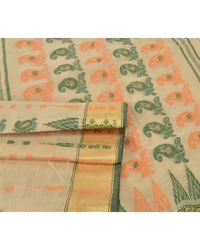 Sanskriti Vintage Cream Indian Sari Pure Cotton Woven Sarees Craft 5 Yard Fabric, PS-55517-Cream-Woven Work-100% Pure Cotton-7
