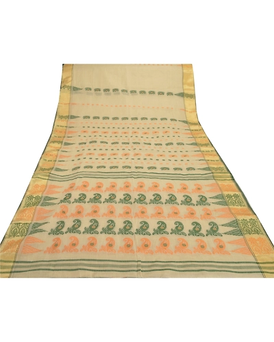 Sanskriti Vintage Cream Indian Sari Pure Cotton Woven Sarees Craft 5 Yard Fabric, PS-55517-Cream-Woven Work-100% Pure Cotton-8