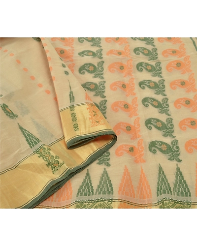 Sanskriti Vintage Cream Indian Sari Pure Cotton Woven Sarees Craft 5 Yard Fabric, PS-55517-Cream-Woven Work-100% Pure Cotton-9