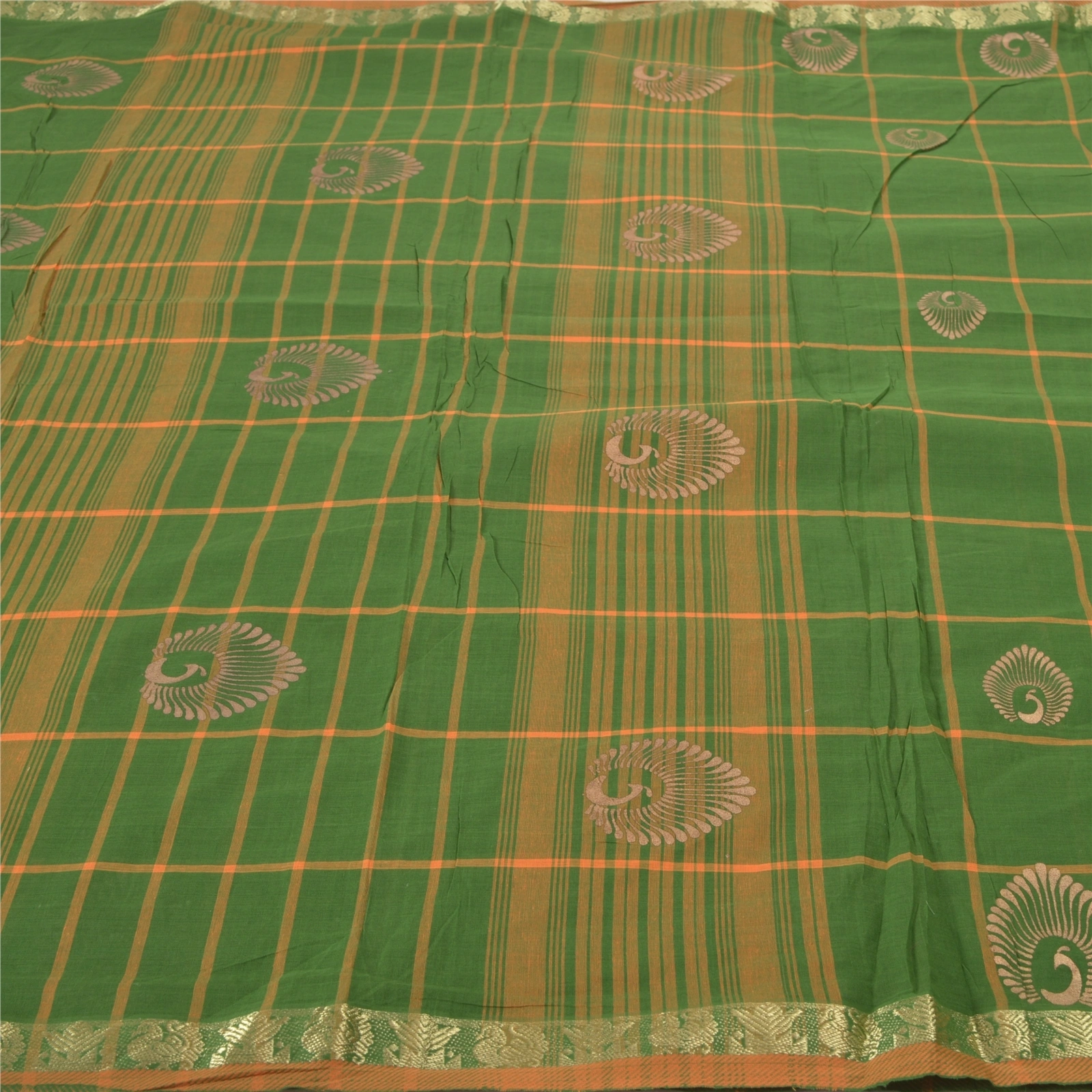 Sanskriti Vintage Green Sarees Pure Cotton Woven &amp; Painted Craft Sari Fabric, PS-55525-Green-Woven Work-100% Pure Cotton-3