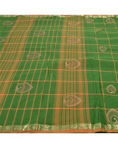 Sanskriti Vintage Green Sarees Pure Cotton Woven &amp; Painted Craft Sari Fabric, PS-55525-Green-Woven Work-100% Pure Cotton-3