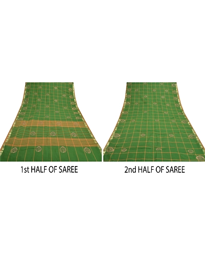 Sanskriti Vintage Green Sarees Pure Cotton Woven &amp; Painted Craft Sari Fabric, PS-55525-Green-Woven Work-100% Pure Cotton-4