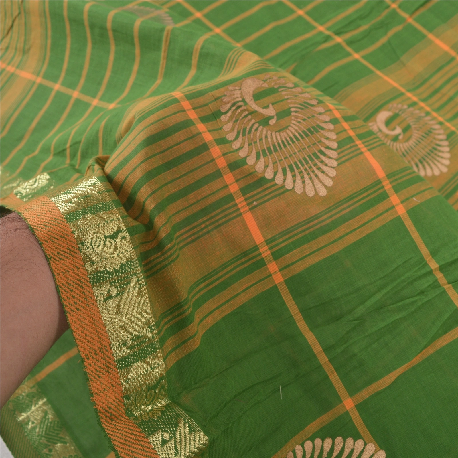 Sanskriti Vintage Green Sarees Pure Cotton Woven &amp; Painted Craft Sari Fabric, PS-55525-Green-Woven Work-100% Pure Cotton-5