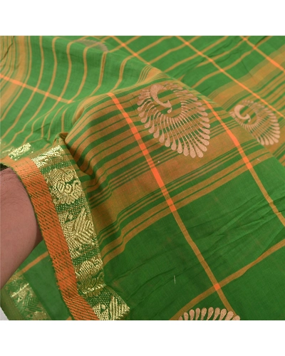 Sanskriti Vintage Green Sarees Pure Cotton Woven &amp; Painted Craft Sari Fabric, PS-55525-Green-Woven Work-100% Pure Cotton-5