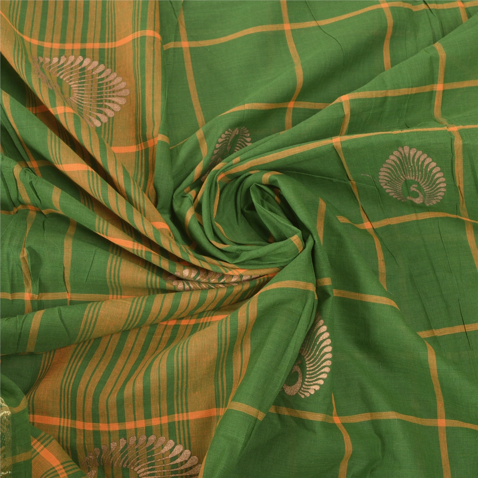 Sanskriti Vintage Green Sarees Pure Cotton Woven &amp; Painted Craft Sari Fabric, PS-55525-Green-Woven Work-100% Pure Cotton-6