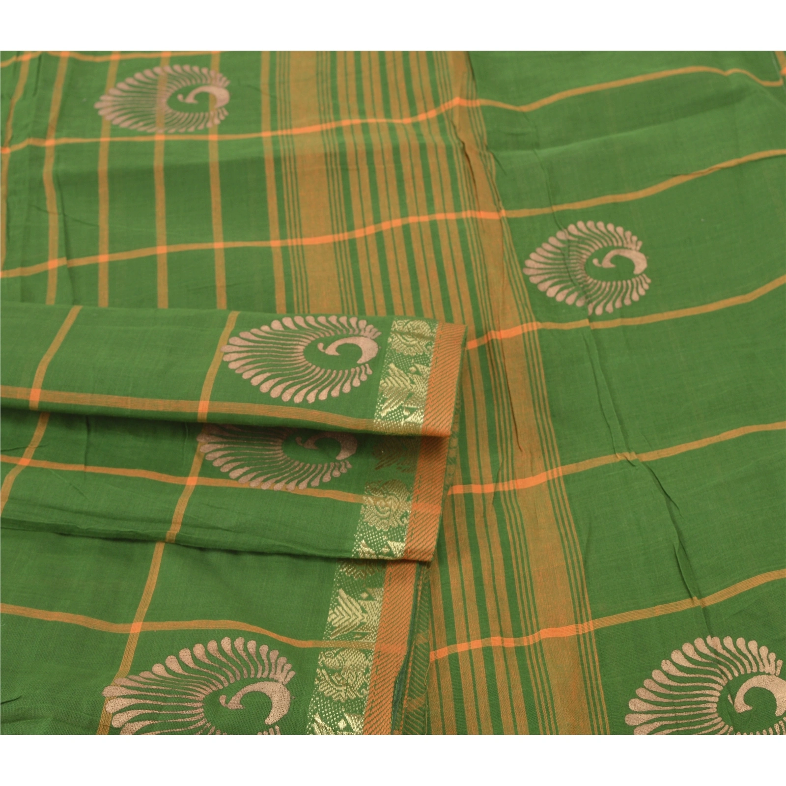 Sanskriti Vintage Green Sarees Pure Cotton Woven &amp; Painted Craft Sari Fabric, PS-55525-Green-Woven Work-100% Pure Cotton-7