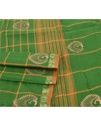 Sanskriti Vintage Green Sarees Pure Cotton Woven &amp; Painted Craft Sari Fabric, PS-55525-Green-Woven Work-100% Pure Cotton-7