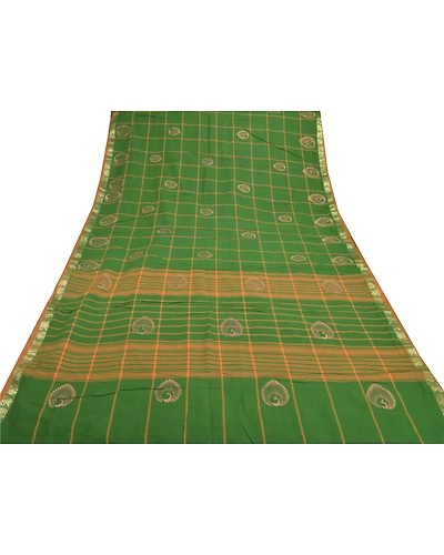 Sanskriti Vintage Green Sarees Pure Cotton Woven &amp; Painted Craft Sari Fabric, PS-55525-Green-Woven Work-100% Pure Cotton-8