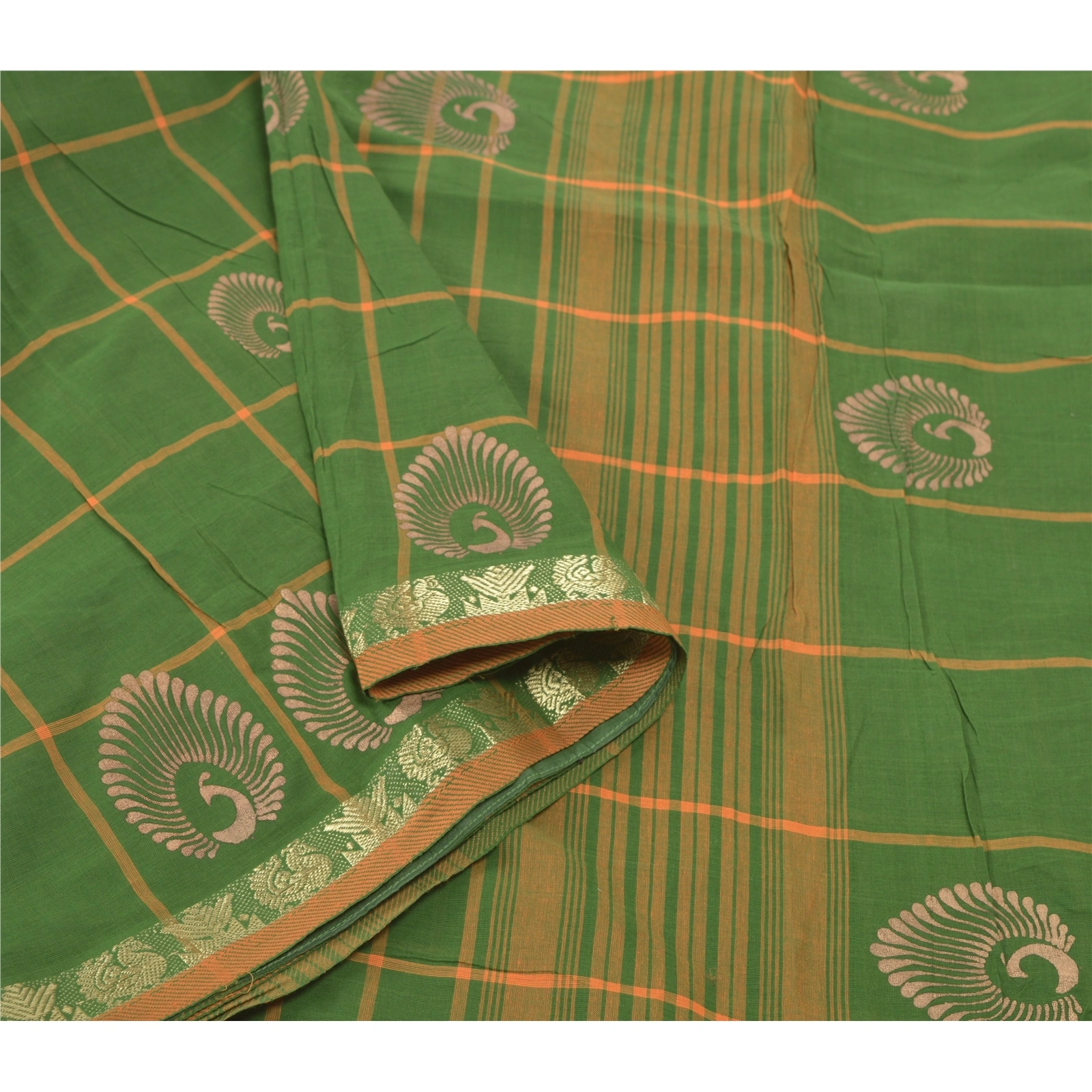 Sanskriti Vintage Green Sarees Pure Cotton Woven &amp; Painted Craft Sari Fabric, PS-55525-Green-Woven Work-100% Pure Cotton-9