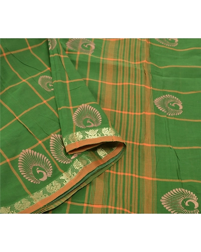 Sanskriti Vintage Green Sarees Pure Cotton Woven &amp; Painted Craft Sari Fabric, PS-55525-Green-Woven Work-100% Pure Cotton-9