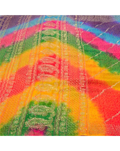 Sanskriti Vintage Indian Sari 100% Pure Silk Hand Beaded Sarees Craft Fabric, PS-55537-Multi Color-Zari Work-100% Pure Silk-3