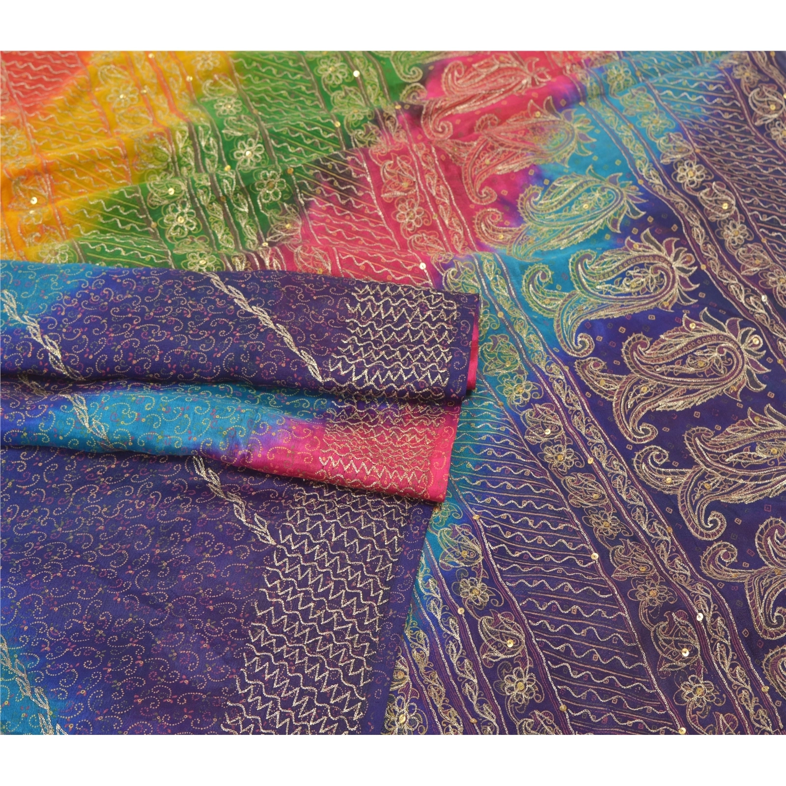 Sanskriti Vintage Indian Sari 100% Pure Silk Hand Beaded Sarees Craft Fabric, PS-55537-Multi Color-Zari Work-100% Pure Silk-7