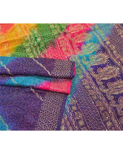 Sanskriti Vintage Indian Sari 100% Pure Silk Hand Beaded Sarees Craft Fabric, PS-55537-Multi Color-Zari Work-100% Pure Silk-7