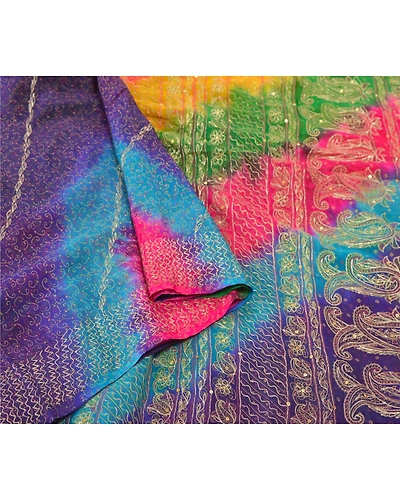 Sanskriti Vintage Indian Sari 100% Pure Silk Hand Beaded Sarees Craft Fabric, PS-55537-Multi Color-Zari Work-100% Pure Silk-9