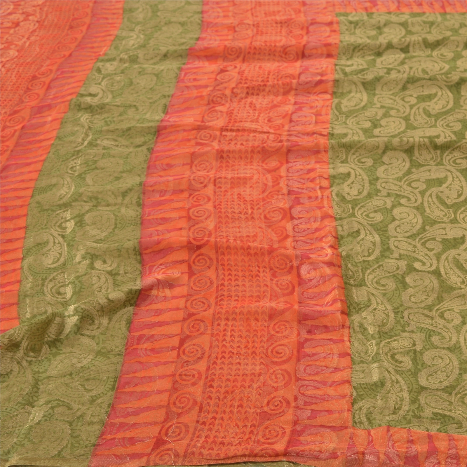 Sanskriti Vintage Green Sarees 100% Pure Silk Sari Craft Premium Woven Fabric, PS-55595-Green &amp; Orange-Woven Work-100% Pure Silk-3