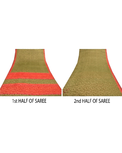 Sanskriti Vintage Green Sarees 100% Pure Silk Sari Craft Premium Woven Fabric, PS-55595-Green &amp; Orange-Woven Work-100% Pure Silk-4