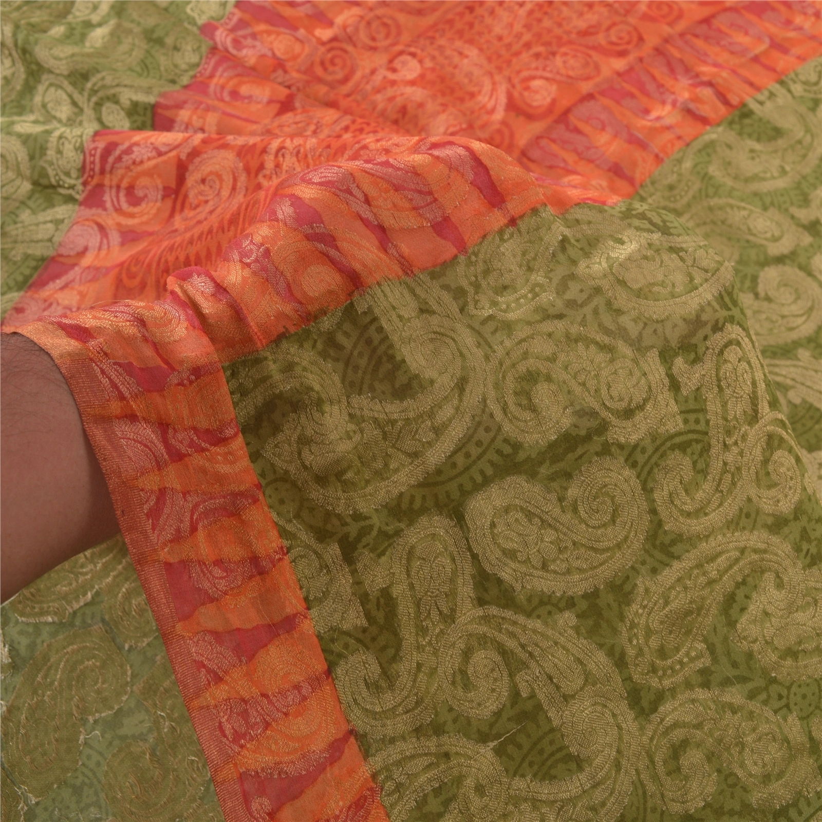 Sanskriti Vintage Green Sarees 100% Pure Silk Sari Craft Premium Woven Fabric, PS-55595-Green &amp; Orange-Woven Work-100% Pure Silk-5