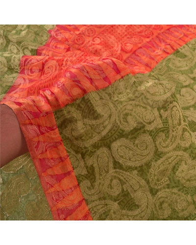 Sanskriti Vintage Green Sarees 100% Pure Silk Sari Craft Premium Woven Fabric, PS-55595-Green &amp; Orange-Woven Work-100% Pure Silk-5