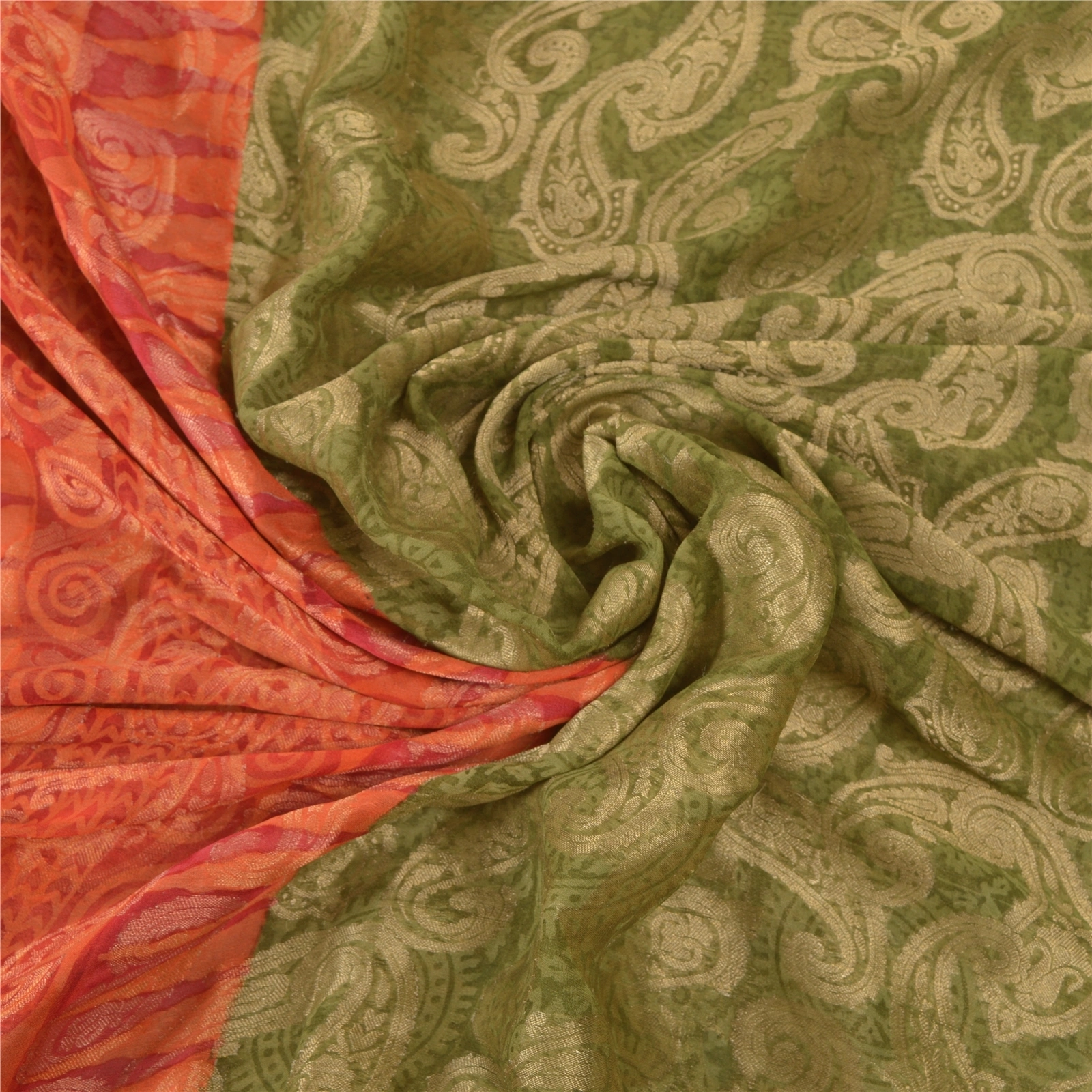 Sanskriti Vintage Green Sarees 100% Pure Silk Sari Craft Premium Woven Fabric, PS-55595-Green &amp; Orange-Woven Work-100% Pure Silk-6